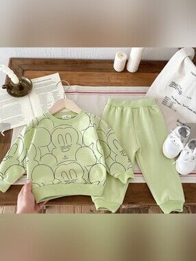 Kids Light Green Cartoon Face Pajama Set 100 ~ 2t-3t